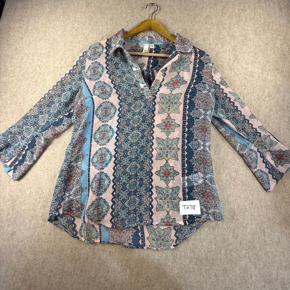 KUT from the Kloth Pink Blue Paisley Medallion Boho V-Neck Blouse Small